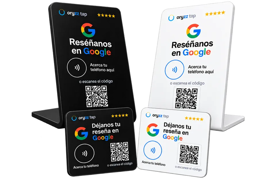 Placas y stand Oryzz Tap de reseñas de Google con chip NFC y código QR