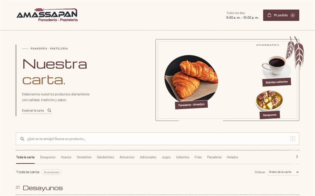 Página de inicio de menú digital para Amassapan