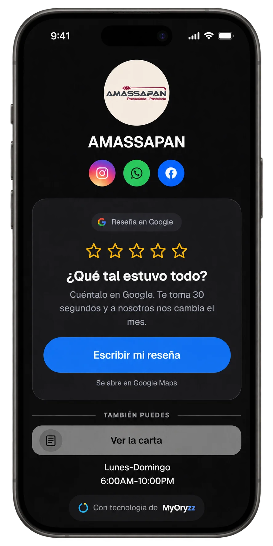 Ejemplo de MyOryzz con AMASSAPAN: redes sociales, reseñas de Google y carta