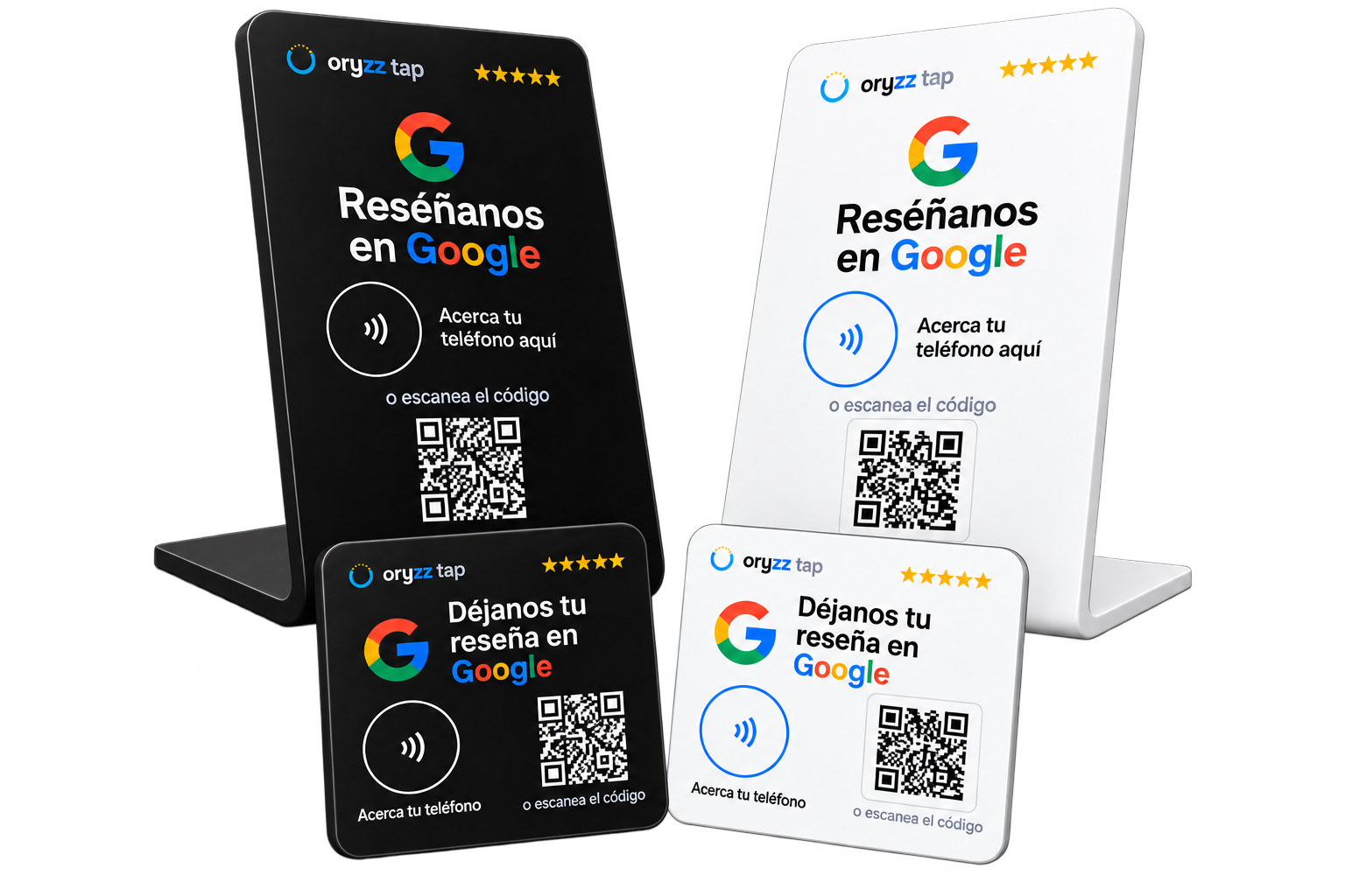 La línea Reseñas Google en stand y placa, en blanco y negro